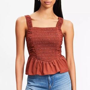 LOFT Poplin 100% Cotton Smocked Peplum Intense Cooper Rust Brown Tank Size 6